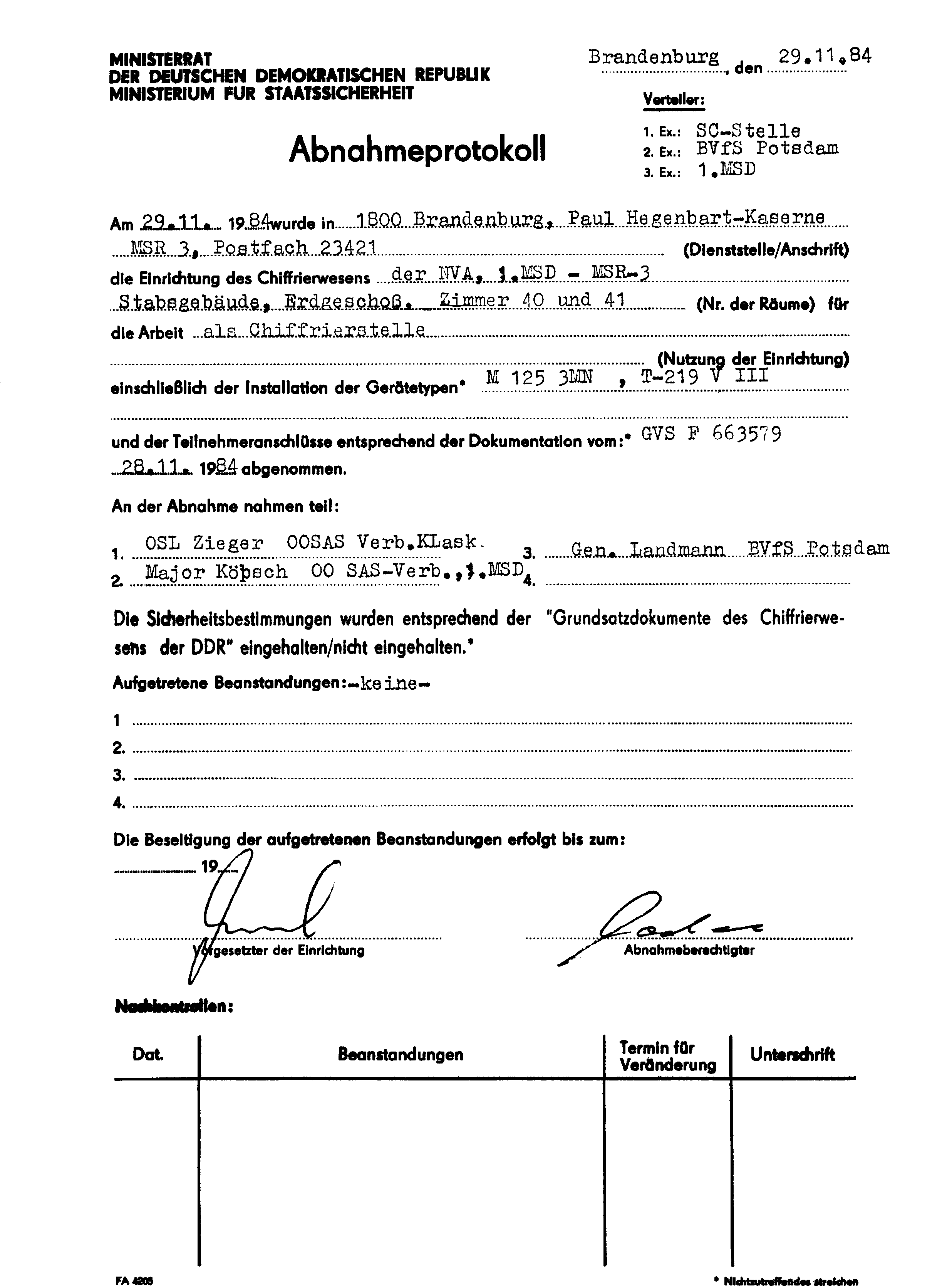 Abnahme Chiffrierstelle NVA