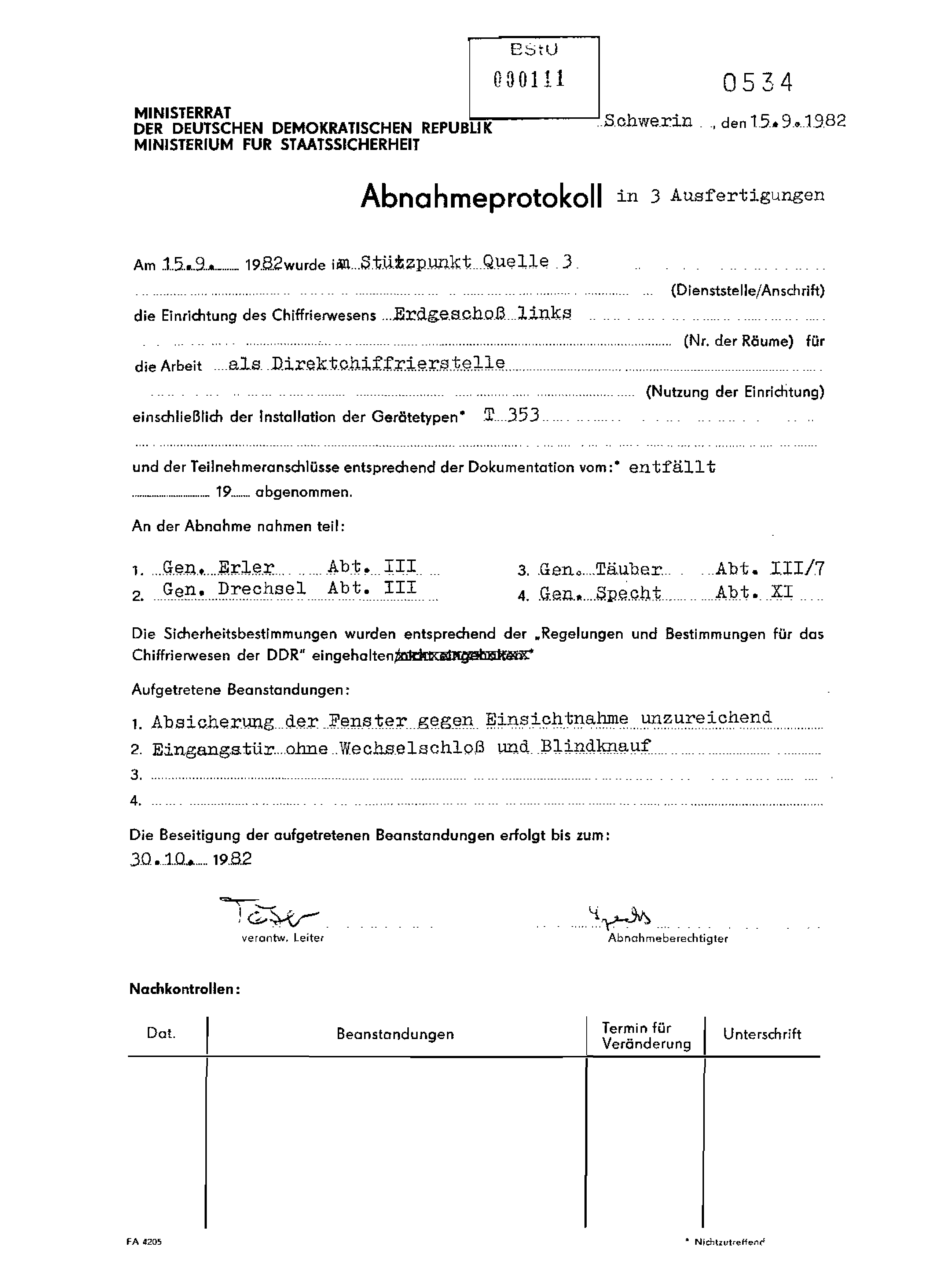 Abnahmeprotokoll Chiffrierstelle MfS