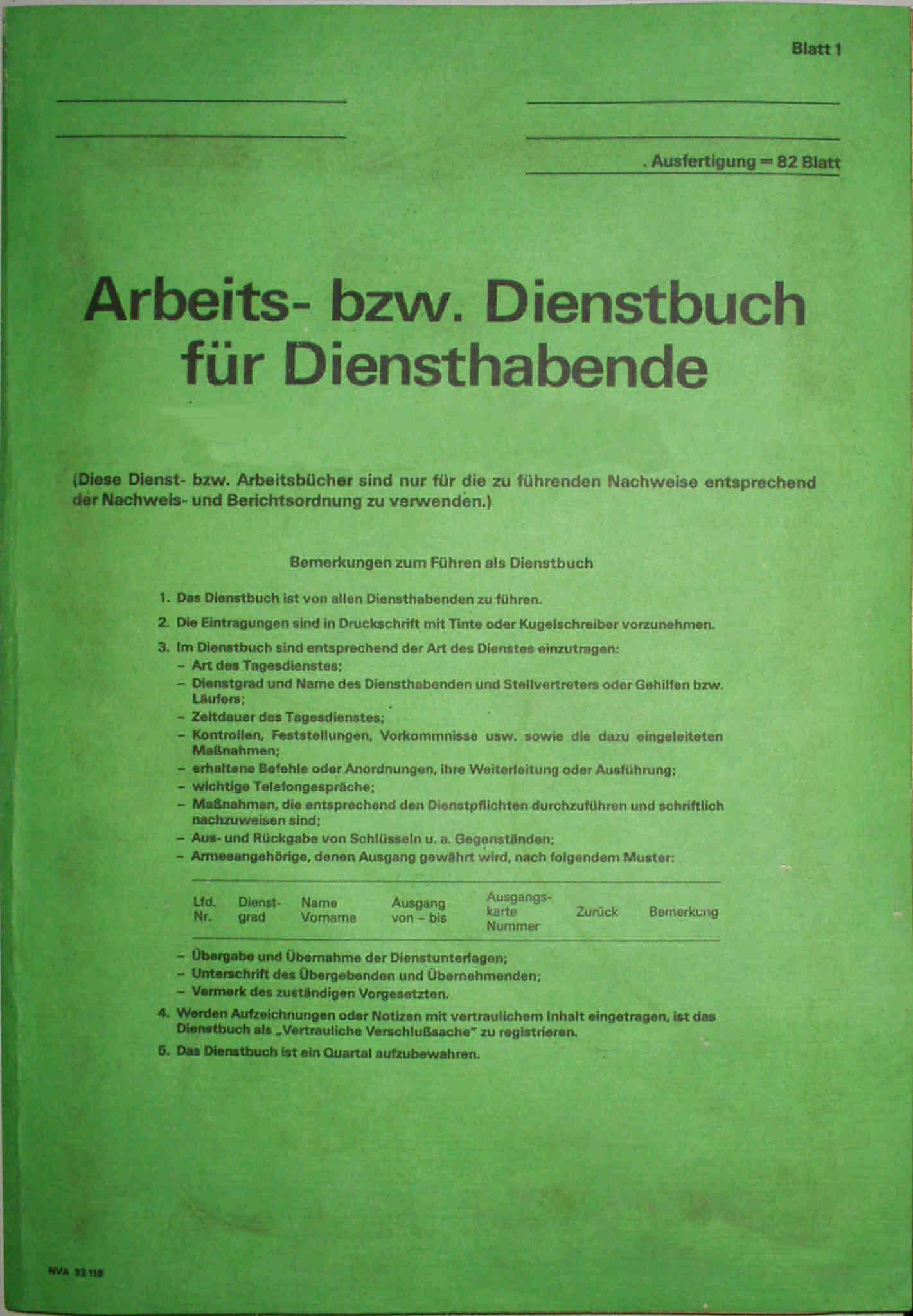 Dienstbuch Deckblatt VVS
