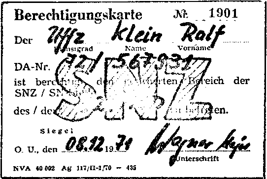 Berechtigungskarte SNZ Vorderseite